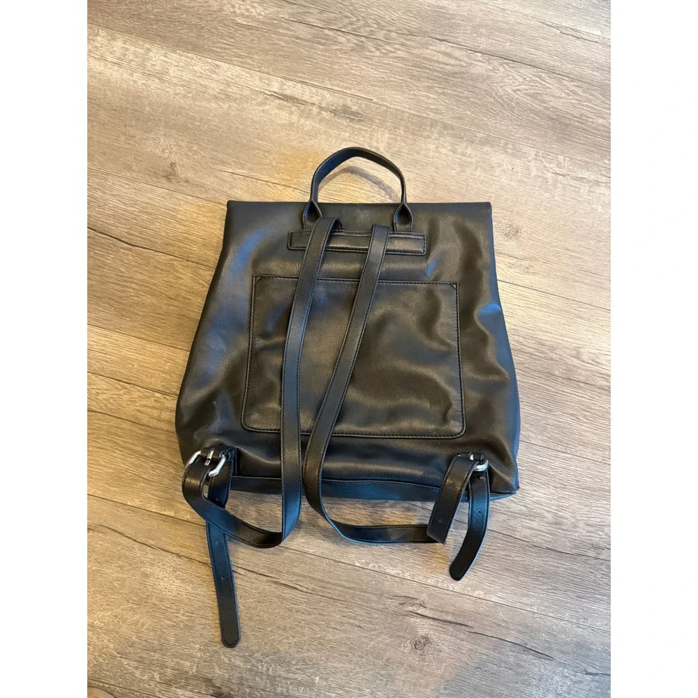 DKNY Black Faux Leather Foldover Roll Top‎ Backpack Flap Closure